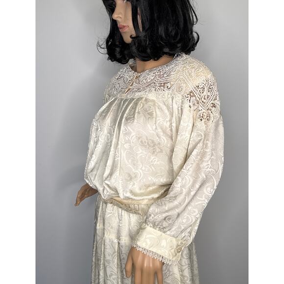 Vintage E.D. Michaels Cream Jacquard Prairie Dress Crochet Lace 80s USA medium - Picture 6 of 13